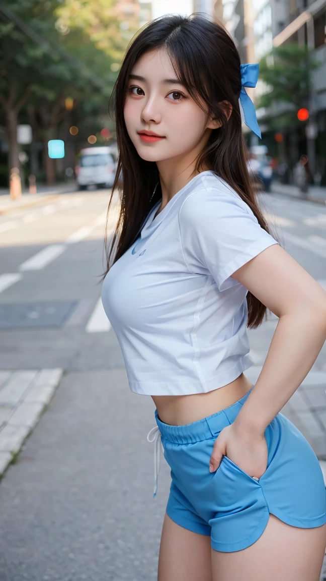 ((top-quality、8K、tmasterpiece：1.3))、Twenty years old、Long gray hair、Focus Clear：1.2、Beautiful woman with perfect style：1.4、Slim abs：1.2、((dark brown  hair、Colossal tits：1.2))、School playground:1.2、Highly Detailed Face and Skin Textur、詳細な目、二重まぶた、denim pant、The same person、The shirt