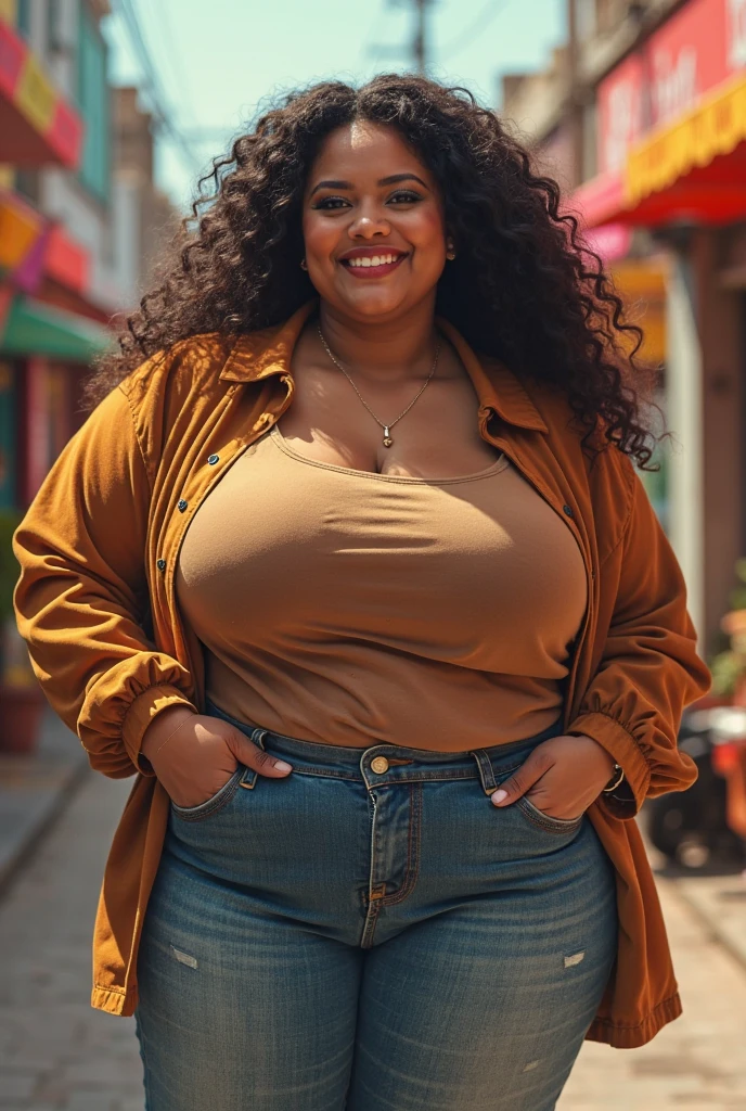 ((Masterpiece)), ((best quality)), 1 irl, gorgeous black African American 20 year old woman, perfect face, perfect curvy body, perfect long wavy brown hair, beautiful green eyes, slim thick, wearing brown flannel, blue jeans, walking on the side walk, outdoors, playful face, big thick thighs, dark skin