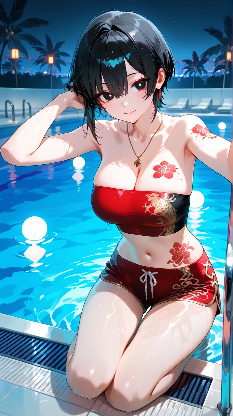 Aftermath. Illustration in the style of comic artist Jim Lee. is adorned and characterized by complex details, with rich colors and provides a feeling of grandeur. Sarada Uchiha with short hair, black eyes and glasses. She is wearing an elegant red swimsuit and a dark pink beach robe. She is walking on a water mirror in a beach on a paradise island during sunrise. Detailed image. Artistic dedication. pink lipstick. Fine gold jewelry