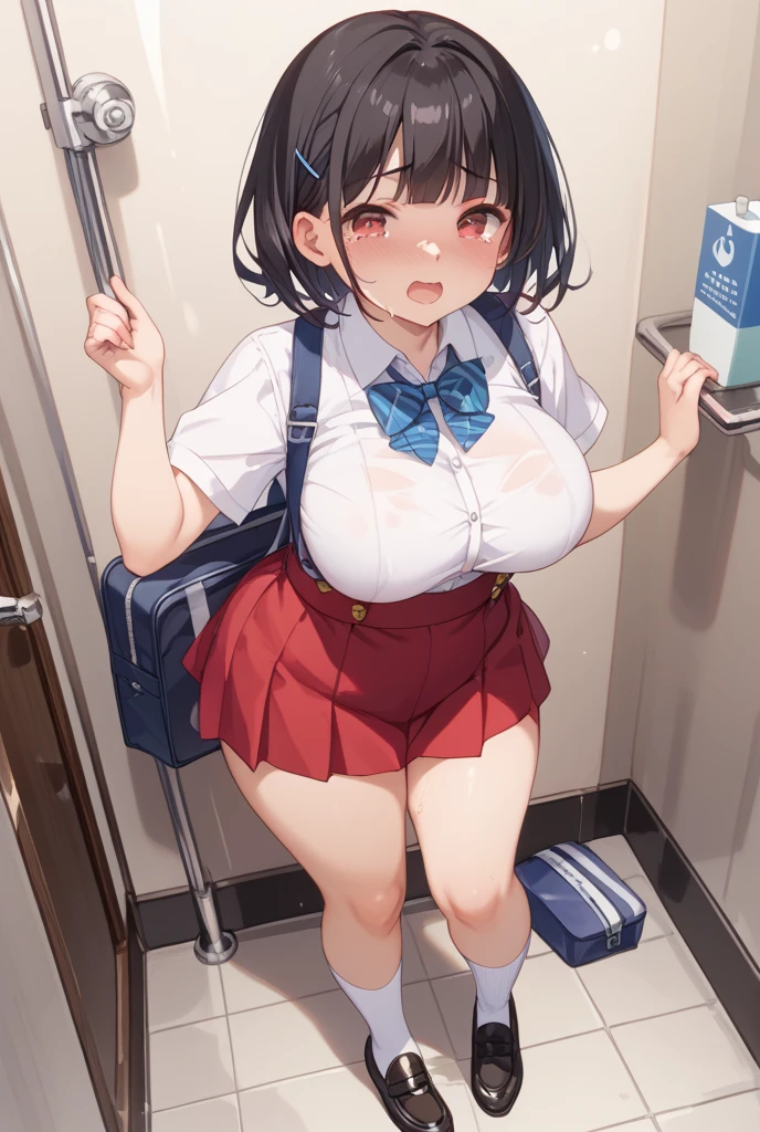 yukimi, 10., long hair, dull bangs, flat chest, No expression, shy, whole body, highest quality, (randoseru red backpack:1.4), in a crowded train、In a train seat、There are a lot of guys around、In underwear、angle from below、kneel down、(small area white panties:1.4)、(masturbation:1.4)、(molestationがパンティの中に手を入れる:1.4)、Striped pattern、embarrassing、Transparent、molestation、