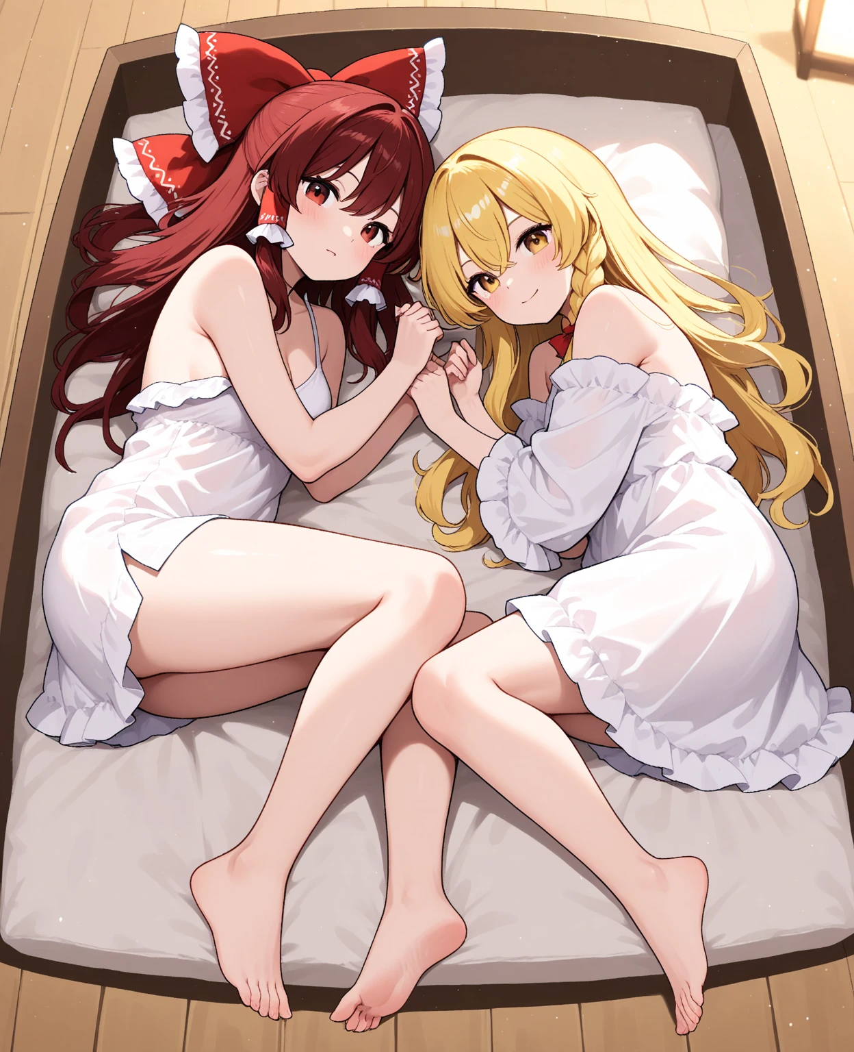 Scattered clothes after undressing,sexy underwear,Clothes with fluffy hair,Wavy blonde,red tide,a bed,Night outside,Calm room,Room with antique furniture,Bedroom,The room is filled with steam,begging,seductiv,Kamimei,Rubbing,AHE Face,Pleasant face