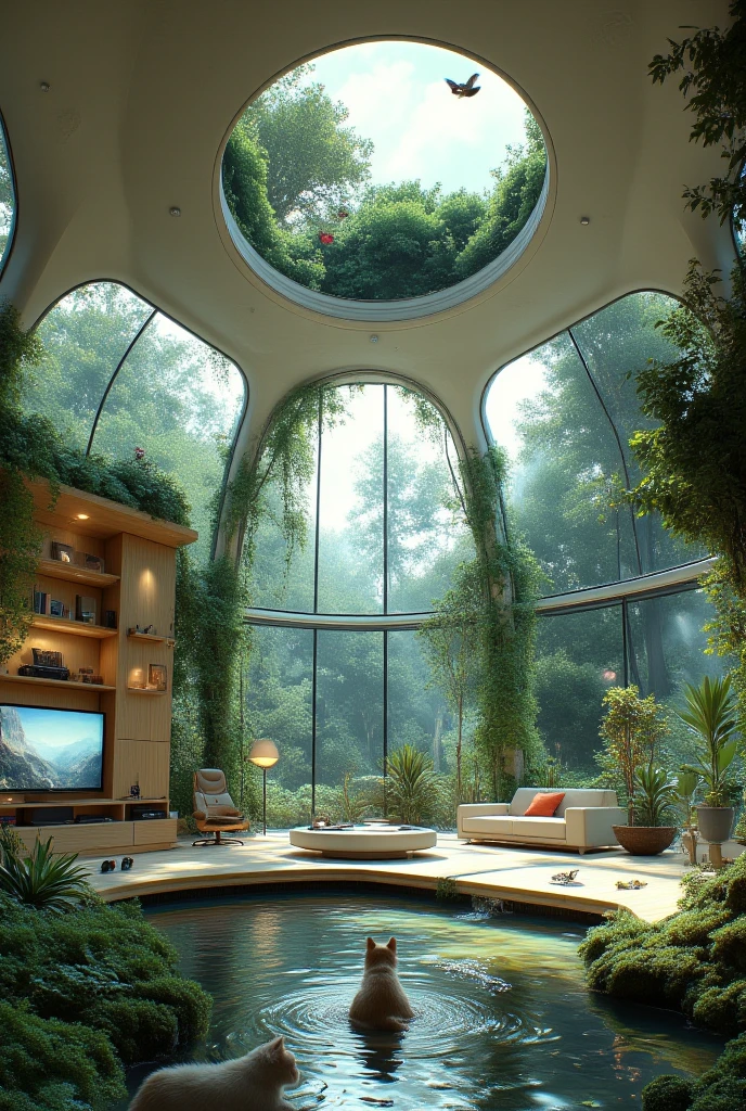 A breathtaking wide-angle interior view of an enormous dome-shaped room. Closed room with large glass windown and roof. (Inside the room: In one cozy corner, there's a modern entertainment setup with a TV, computer, and game console on sleek shelves, The rest of the room transforms into a natural oasis: lush greenery with tall indoor trees, a gently flowing clear stream cutting through the space, soft mossy ground, and sunlight pouring in from a large circular skylight at the top of the dome.) Domestic animals like cats and dogs relax peacefully, while birds flutter near the dome’s structure or perch on branches. The atmosphere blends modern comfort and serene nature in perfect harmony — ultra-detailed, cinematic lighting, fantasy-realistic style