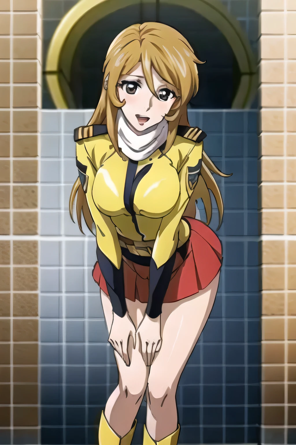 can you draw a woman in a red top and bottom uniform,white scarf,nice smiles,I need a face,Yellow long hair,Big Breastsでもウエストが細い ,Red military uniform,red skirt,white boots,white scarf,,30 year old adult々woman with sex appeal,completely blocking the escape, , draw her expression more delicately,Alone is amazing,Accurate representation of hands and legs,、 miniskirt, , , , Big Breasts, thin waist , It's an accurate depiction of hands and feet
