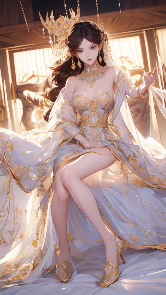 1girll,（enchanced quality：1.4），（Top quality true texture skin), Delicate face,Black hair, Gradient hair, Petite body,（perfect bodies：1.1）, There are precious stones on the forehead, rimless eyewears, Sparkling pupils，long eyelasher,grin, hyper photorealism, Cinematic lighting, projected inset, surrealism, hyper HD, Masterpiece, 16k，Lie down，dream on，Wear transparent silk pajamas,Carmelto,Legs slightly open，Tattooed with，Fantasy space，Luxurious space