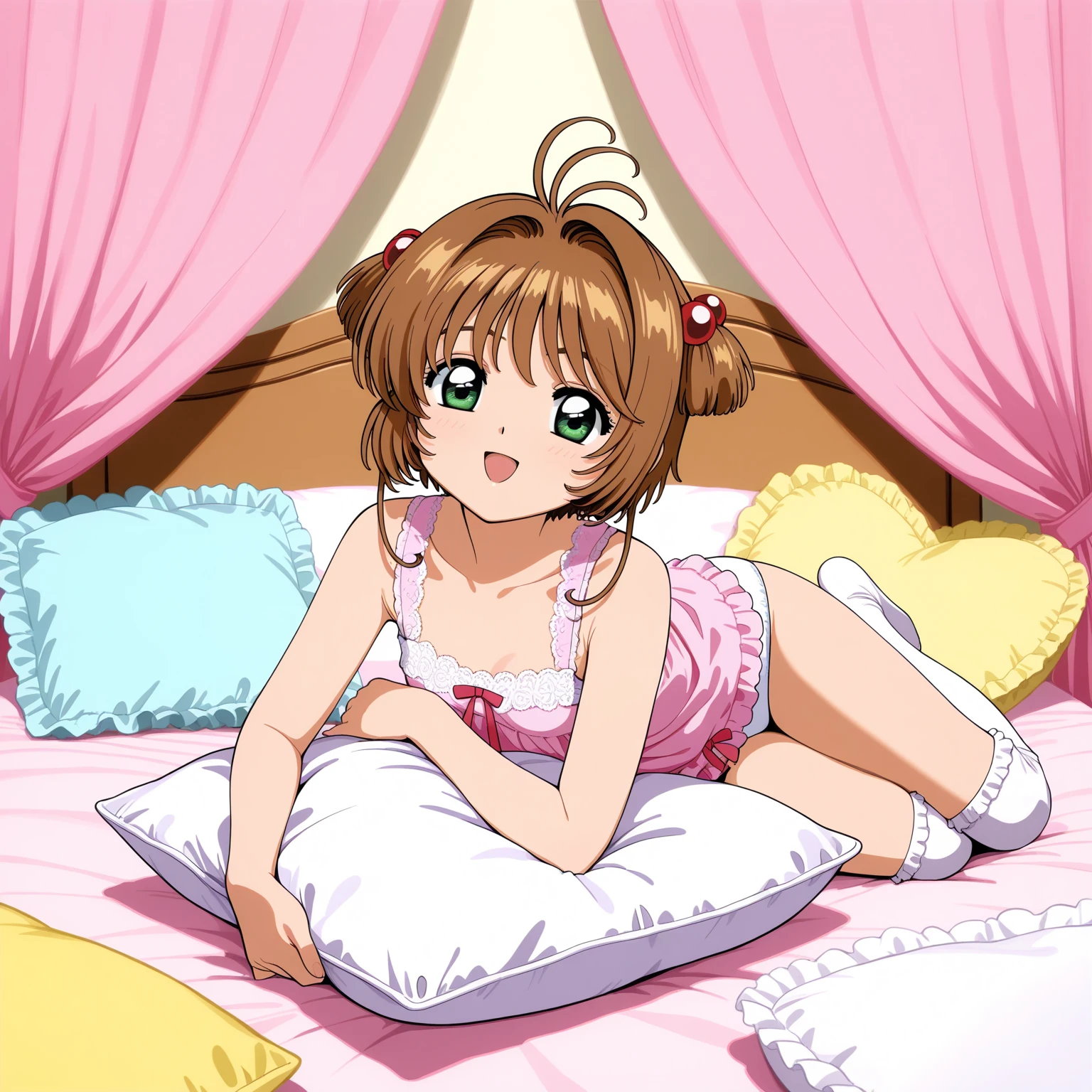 ((masterpiece)), ((best quality)), (ultra-detailed), anime style, look up from below, on the bed, a cute girl, 1girl, solo, hiyama Hikaru, nude on bed, ((beautiful eyes)), medium breast, smile