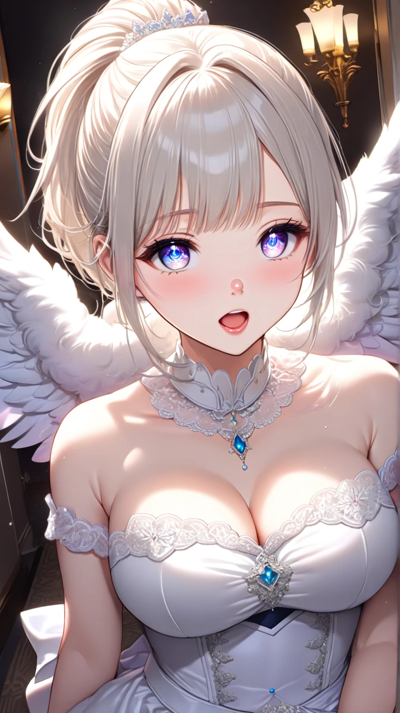 masterpiece, top-quality, 1girl in、Sagume, Silver-haired medium hair,Silver eyes(Heart shaped pupils) , a bed、One Wings of an Angel、Colossal tits、A slender、fullnude、It is dripping with the mouth open and the tongue sticking out、Courtship attitude、full body seen、Face during estrus、beutiful breast、good breasts、a closeup