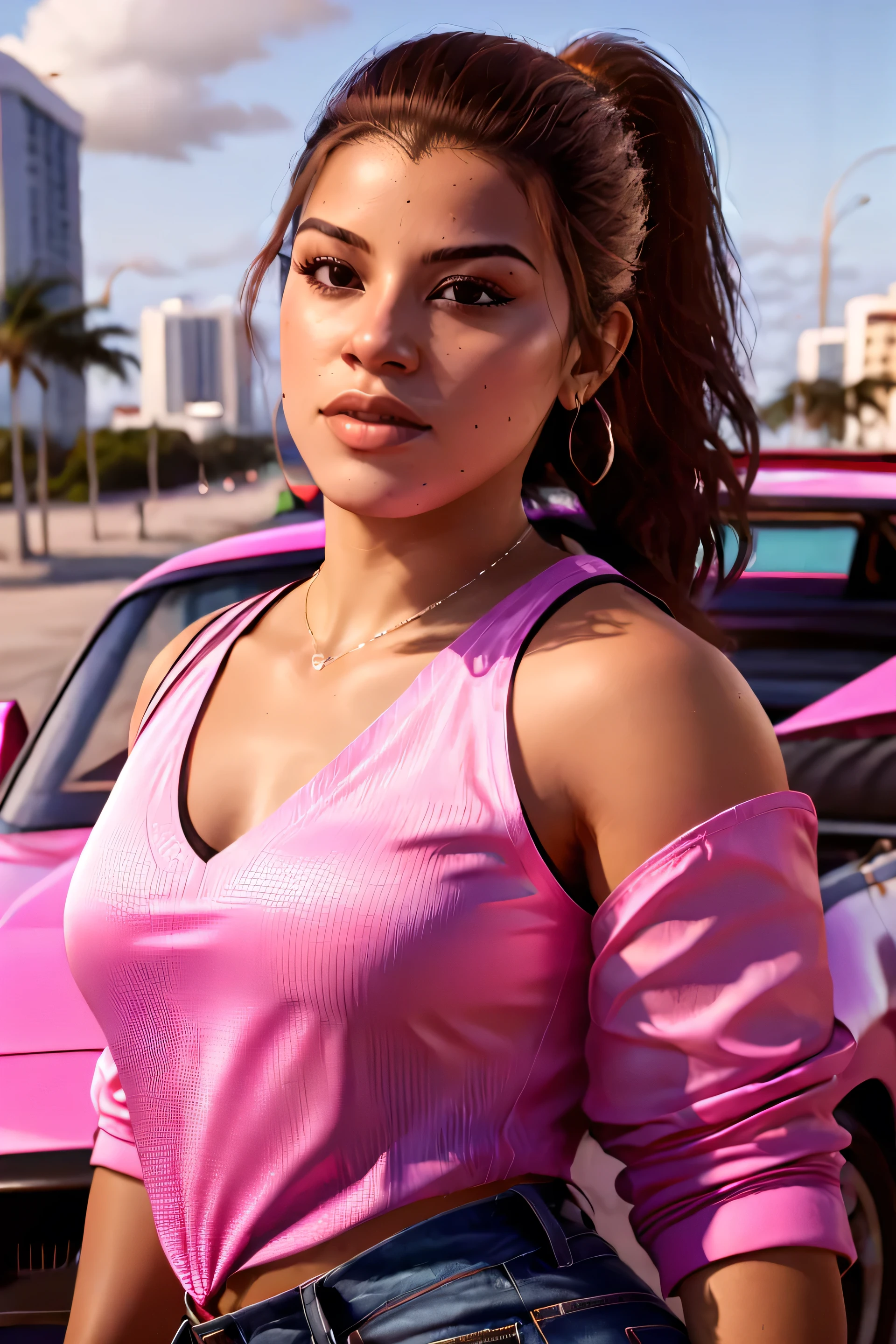 luciagta6sdxl , a woman posing with a sports car, pink shirt with long sleeves, long pants, brown hair, ponytail, latina, detailed leather, racing black sports car, Miami street background, photorealistic, masterpiece, excellent quality, vibrant colors