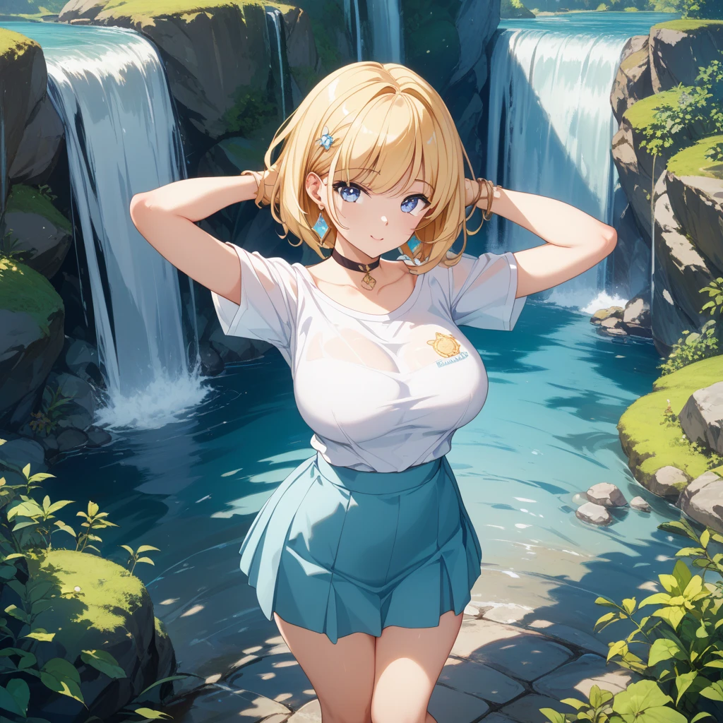 masterpiece、Super detailed、Highest quality、8K Illustration、(Julen E. Estario:1.5)、(Full nudity:1.5)、(Huge Tits:1.5)、(Blonde)、Sexy lips、Angry and embarrassed expression、A lake rich in nature with a waterfall