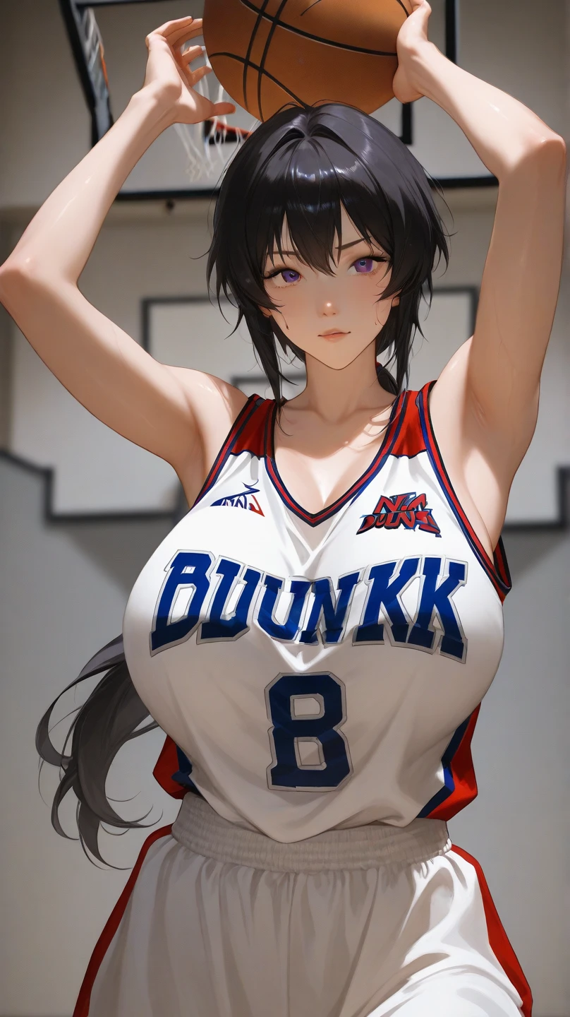 (Beautiful mature woman:1.2) (Bold Makeup) (sexy) (Huge breasts:1.2) deep (high quality) High resolution, Super detailed, Attention to detail, high quality, Awards, 最high quality, High resolution, 1080P, High resolution, 16K, Big Breasts , Round , deep cleavage, Open cleavage, Hanging , (Sunburn:1.2), (Long Hair), (Underbust), (basketball jersey:1.3) , basketball, underboob,