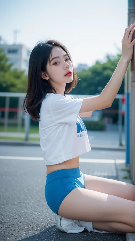 a korea beautiful student girl, black long hair, white ankle socks, sneakers, athletic shorts, t-shirts, graceful legs, delicate feet., UHD, masterpiece, super detail, high quality, best quality, highres, award winning, high details