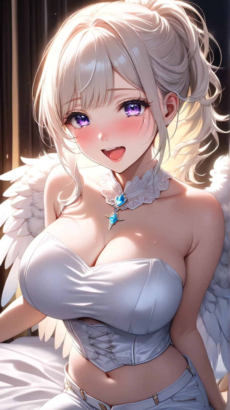 (((white lingerie))), Very detailed、highest quality、Best image quality、masterpiece、8k、Anime Face、A kind smile、Open Mouth、(black middle hair:1.5)、big breast, sexy、 beautiful body 、Cowboy Shot, Sexual Intercourse, ((white eyes)), hotel bedroom, ((angel wings))