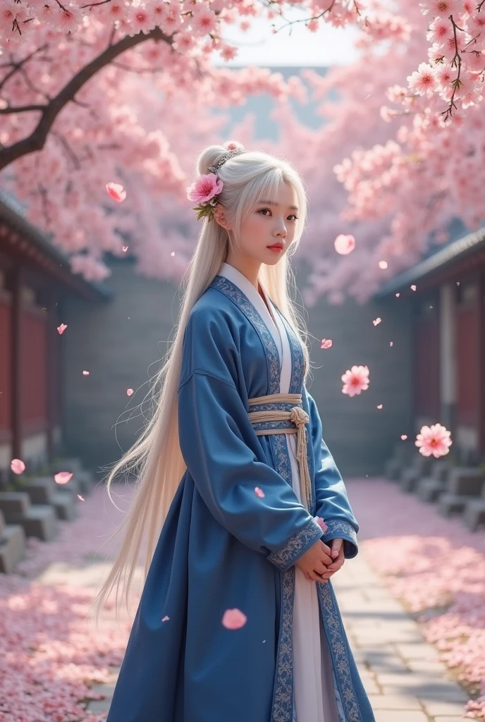 The scene opens in a tranquil courtyard filled with blooming cherry blossoms. The soft petals gently fall, creating a serene and peaceful atmosphere. The courtyard is surrounded by traditional stone walls, and in the center, there is an open space where young girl ,Deep blue robe with silver embroidery, full body, neatly tied long white hair, small floral accessory, calm and focused expression, hyperrealism, 4k, HD,