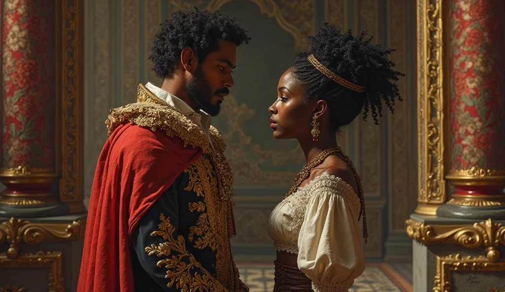I need you to make me an image from the 1490s in Colombia about the son of a king and a black slave looking at each other with love.,for school