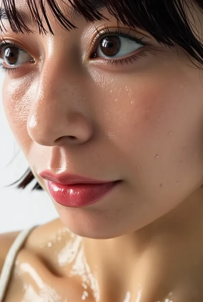 One Girl, Tabletop, - Award-winning photo, Very detailed, Focus your eyes, Nose and mouth,Face Focus, Woman with open mouth and closed eyes, Black camisole、Age 35,Black-haired、Symmetrical face,Realistic nostrils、Angle from below、elongated C-shaped nose,,,,,,,Browsing Caution,White Background、Sweaty skin、Sweaty skinを際立たせる照明、(Crazy Face))Skin shiny with sweat、