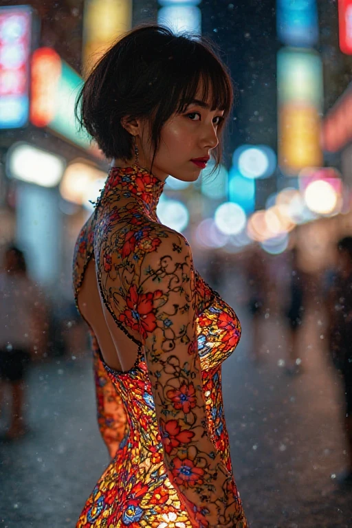 (masterpiece, Highest quality), 8k,(((Very detailed))), Race:1.8, Super intricate Race pattern, colorful Race pattern, Purple and blue stained glass transparent body, Mandala,light up, 1 female, Open Back, 18 years old、Japanese, beautiful girl, Intelligent face, Photo of Lee Jae, sultry body with セクシー belly, Sexy girl, Young sensual elegance, Sexy body, delicious, Sexy look, Very Short Hair、Night viewのきれいな港で撮影、Night view、 Intelligent face、Narrow waist、Large Breasts、Open your mouth a little、Smile a little、EOS 50mm F2, Blur the background、Lighting the face、Sitting、Beautiful breasts、See-through underwear、Dynamic pose、Curvy Body、Beautiful ass、Looking at the sky、Thigh、