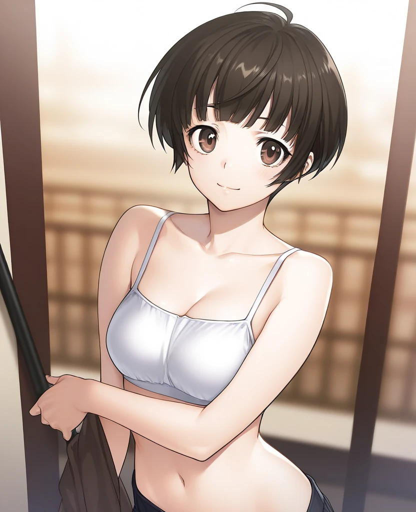 (((masterpiece, best quality, ultra highres, 1 girl, solo, white background))), super detailed skin and face and eyes and finger, beautiful japanese woman, small breasts:1.5, skinny, light brown hair, white background, very short pixie hair, (an illustration of girl), Knee shot, Generate with illustrations, Various expressions, Various poses, Please draw the entire character within the frame, ensuring that the head, arms, and legs are not cut off. The background should be simple, with the character positioned centrally, outline, anime,