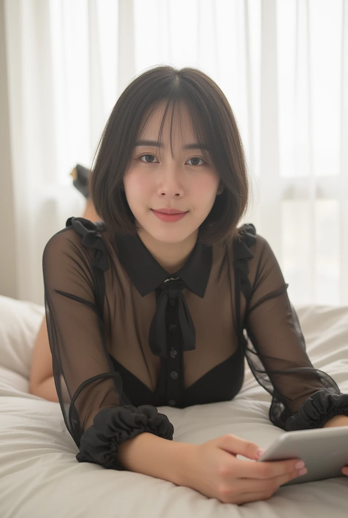 masterpiece, One woman per photo, Full Body Shot, Front view, Young and beautiful woman in Japan, Very cute face, 18-year-old, Shoulder-length hair, sitting on a silk bed, Wearing only a sleeveless black silk satin chemise with white lace, Big Breasts, Wet body, Glossy Lips, Charming person, Silk pillow, Silk bed sheets, Double eyelids on both eyes, Natural Makeup, Long eyelashes, Shiny and smooth light brown hair, Asymmetrical bangs, Fair skin, Center image, 8k resolution, Attention to detail, Detailed hairstyle, Detailed face, Great cinema lighting, Octane Rendering, Vibrant, Ultra-realistic, Perfect limbs, Perfect Anatomy