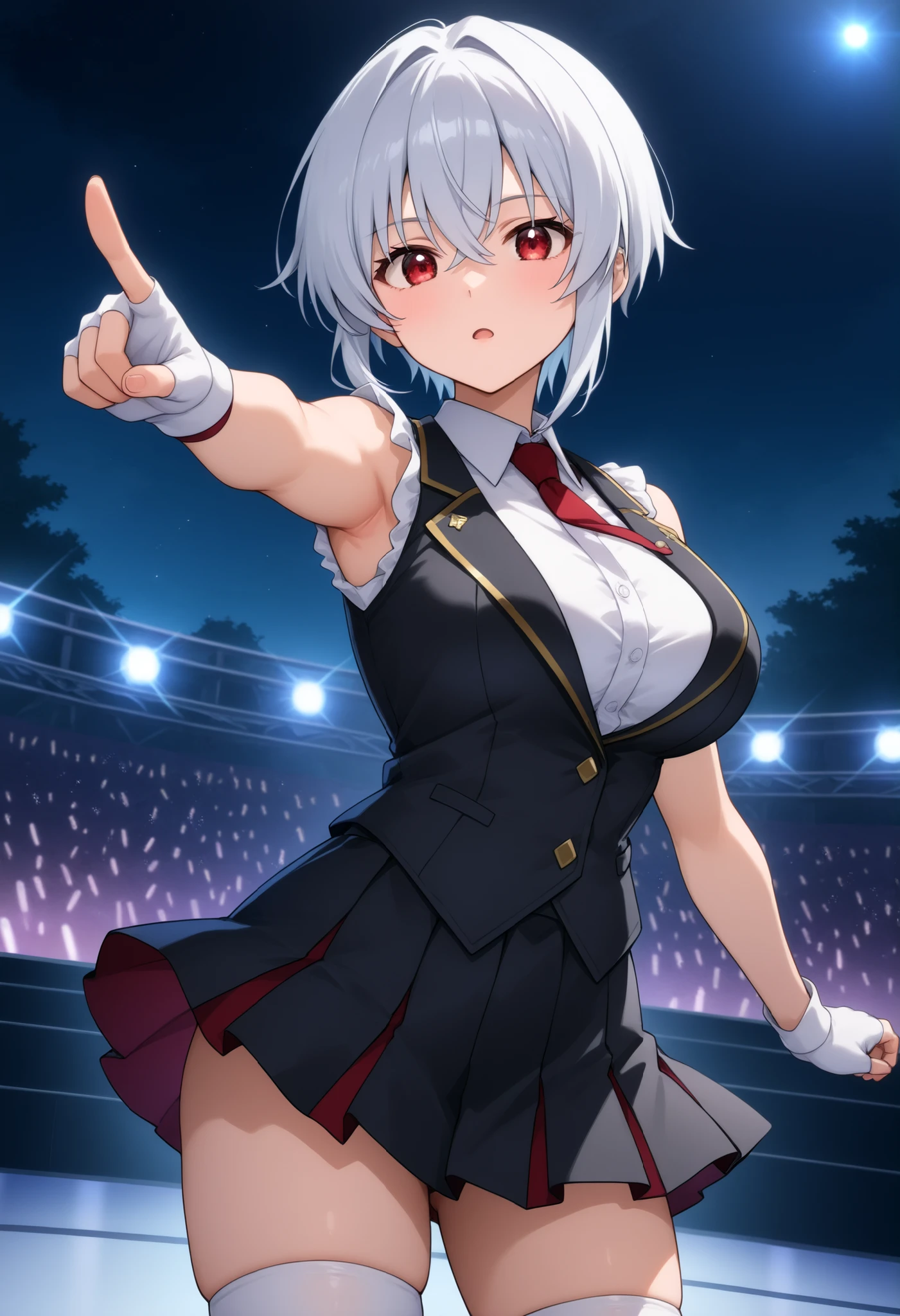 higurashikira, anime screencap, anime coloring, cowboy shot,
1girl, solo, tall female, toned female, white hair, very short hair, crossed bangs, short sidelocks, red eyes, large breasts,
idol clothes, black vest, red necktie, white sleeveless blouse, white fingerless gloves, black pleated skirt, white thighhighs socks,
looking at viewer, expressionless, open mouth, pointing, dancing, standing,
outdoors, concert stage, night,
(masterpiece, best quality, absurdres, highres, newest, very awa, year 2024:1.2)