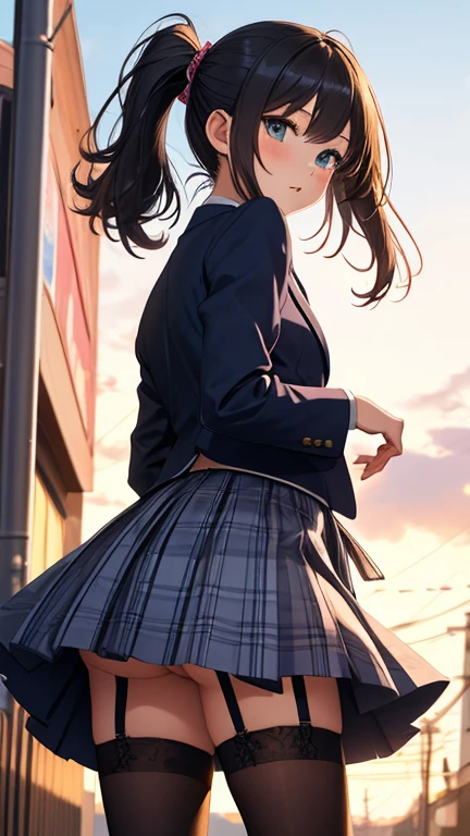 ((Tabletop, highest quality, High resolution, , Perfect Pixel, 4K,))), 1 high school girl, single, alone, beauty、The whole body is visible、 ((Mid-wave hair, bangs, Brown Hair)), ((Brown eyes, Beautiful eyelashes, Realistic eyes)), ((Detailed face, Blushing:1.2)), ((Smooth texture:0.75, Realistic texture:0.65, Realistic:1.1, Anime CG Style)), Medium Chest, Dynamic Angle, Perfect body, ((Red bow tie, , Black jacket, Open jacket, Brown cardigan, White shirt, Black Skirt, Check skirt)), 、、Very embarrassing panic smile, looked back、Leaning forward、The wind is blowing and my underwear is completely visible、Touch your buttocks with both hands、White and pink floral lace panties、Angle from below)、