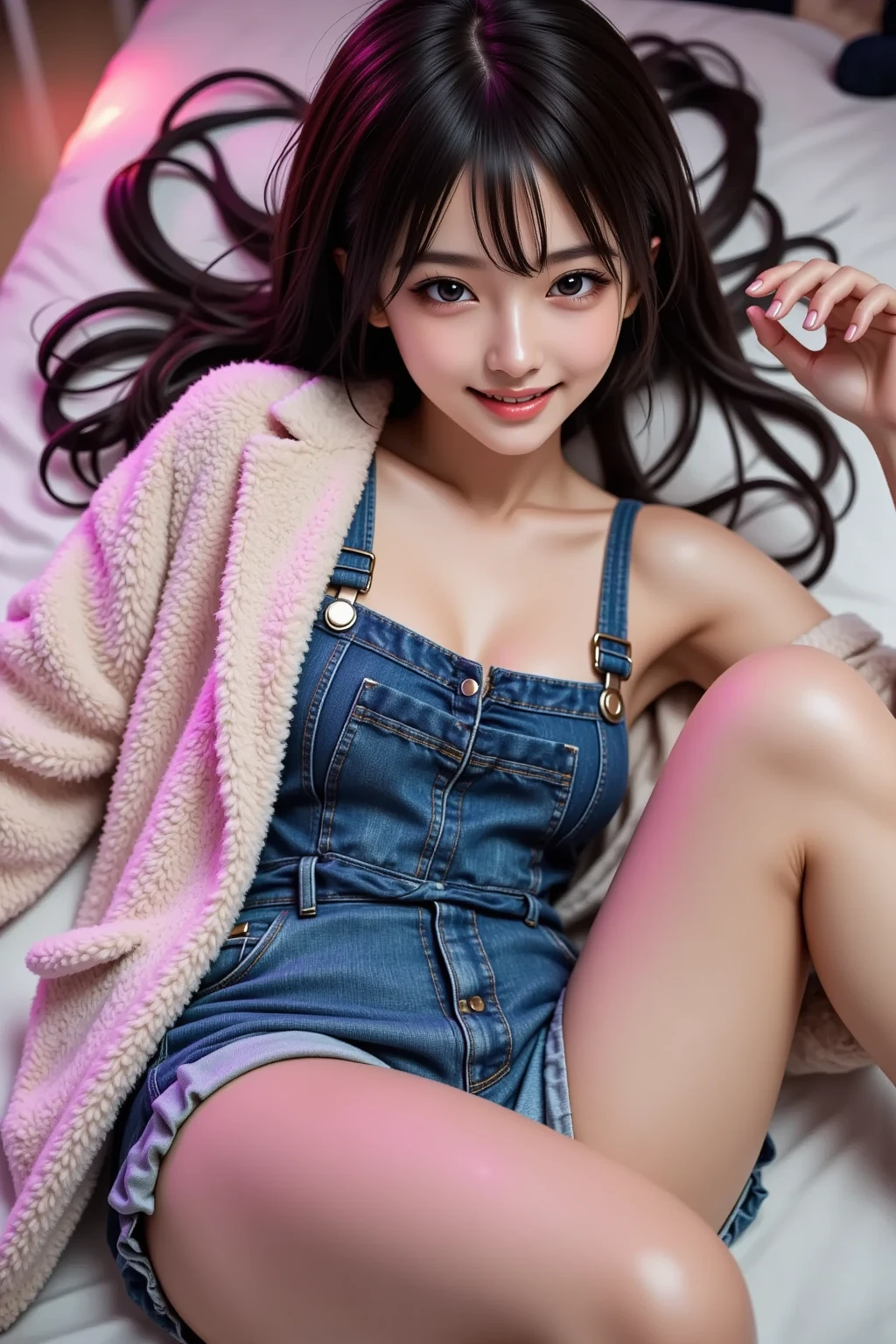highest quality, masterpiece, Ultra-high resolution, (Realistic:1.4), (Close-up portrait) RAW Photos,21 years old gal((I'm showing my teeth and smiling)),((Big smile)),((look up)),((Passionate vivid-pink haired girl )),((wearing oversized loose sleeveless denim shorts-overalls:1.3,))((wavy hair:1.3,black one point colored hair:1.2)),Realistic,(big breasts cleavage:1.3))
((no bra:1.3))
very slender.(thin waist:1).small ass.
(((spread her legs very wide:1.6)))
((loose chest:1.2))
(vivid blight emerald-green eyes:1.2)earrings.temptation.
(((angle from above:1.3)))
high quality, detailed,(lots of white water drops on her face:1.7.lots of white water droplets on her hair:1.4)
((lots of cum on her face:1.7))(lots of cum on her body:1.5)
(on the bed:1.3)
((very very wet face.very wet hair.))