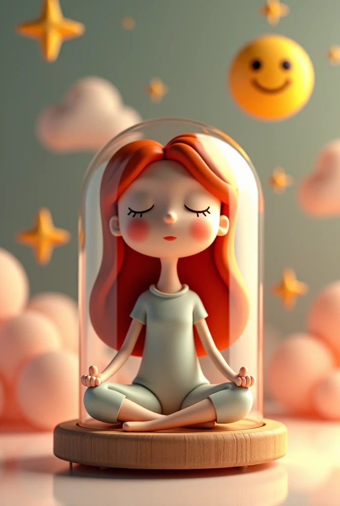 Create a realistic 3D cute girl with long reddish brown hair, a soft and calming background with smiling yellow stars, clouds and a smiling moon. Create a dreamy, fun, warm and mysterious atmosphere. A cute girl is meditating in a glass dome on a simple old wooden base. 4×4 image.