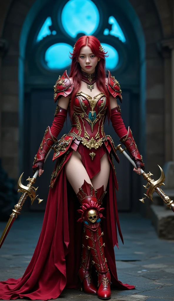 (
score_9, score_8_up, score_7_up, 1girl, solo, standing, front view, side view, (phoenix queen), open heart, taking heart out of her chest, very long hair, red hair, bangs, ponytail, braided hair, black makeup, red crown, thin body, (white skin), thigh gap, black gloves, erotic pose, (sexy red clothing, sexy black stockings), (provocative look), (holding a giant golden ZWEIHANDER sword, holding with both hands, sword resting on the ground, sword grounded:1.3) <lora:Concept Art DarkSide Style LoRA_Pony XL v6:0.8> concept art, realistic <lora:Expressive_H-000001:0.8> expressiveh <lora:princess_xl_v2:0.8> <lora:d4rk01lXLP:0.5> d4rk01l