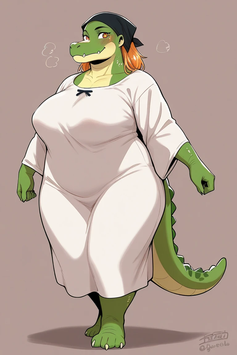 <lora:Big Boo:0.8> 2d cartoon, anatomically correct, masterpiece, best high quality, RAW Photo, perfect anatomy, 4k, quality lighting, detailed hands, detailed feet, detailed eyes, solo, obese, crocodile, light pink dress, big breasts, orange hair, feet, nipple bulge <lora:BGV5EX:1> <lora:add_detail:1>