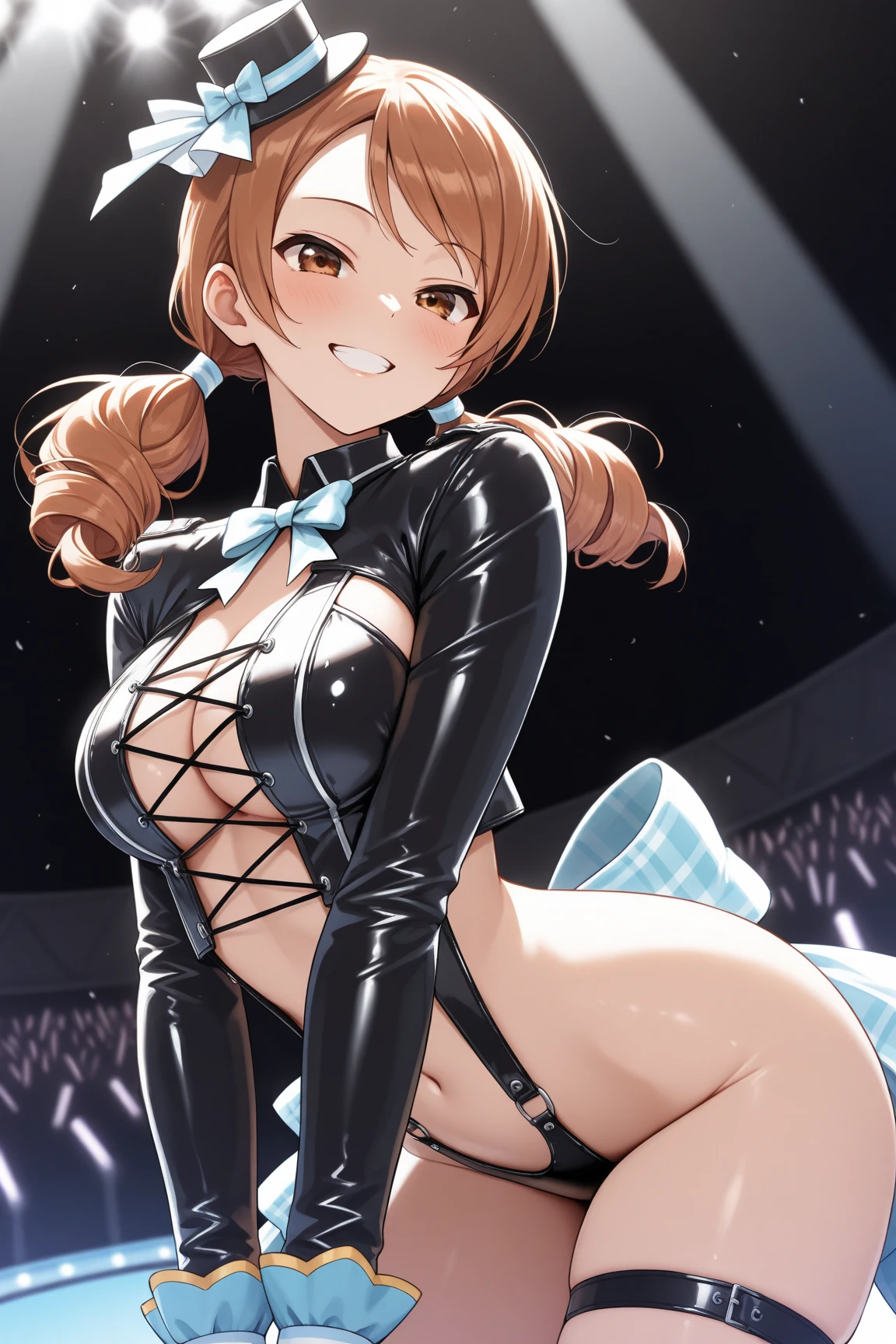 1girl, (isshiki iroha, yahari ore no seishun lovecome wa machigatteiru, brown hair, brown eyes), (reverse bunnysuit, reverse outfit, shiny rabbit ears headband, detached collar, bowtie, pink pasties, topless, tight sleeves, (black) puffy long sleeves: 1.2), thigh, perfect face, perfect anatomy, light rays, photo background, extremely delicate body, smooth skin, feminine expression, (cristal clear eyes, beautiful face), (anime style:0.8), highres, (artist m-da s-tarou:0.2), (best quality)