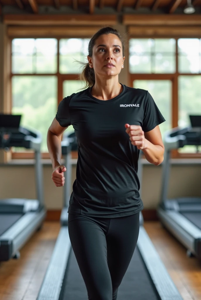 Caterina Murino with her hair up wearing sexy sportswear in the gym and smiling