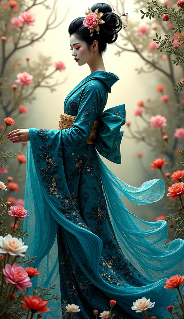 Glass blown Marblelized art style of A Geisha female wearing a Blacklight sparkling Teal-blue with black roses gown. She's standing in a Exotic flower garden. Platinum Beige background.


