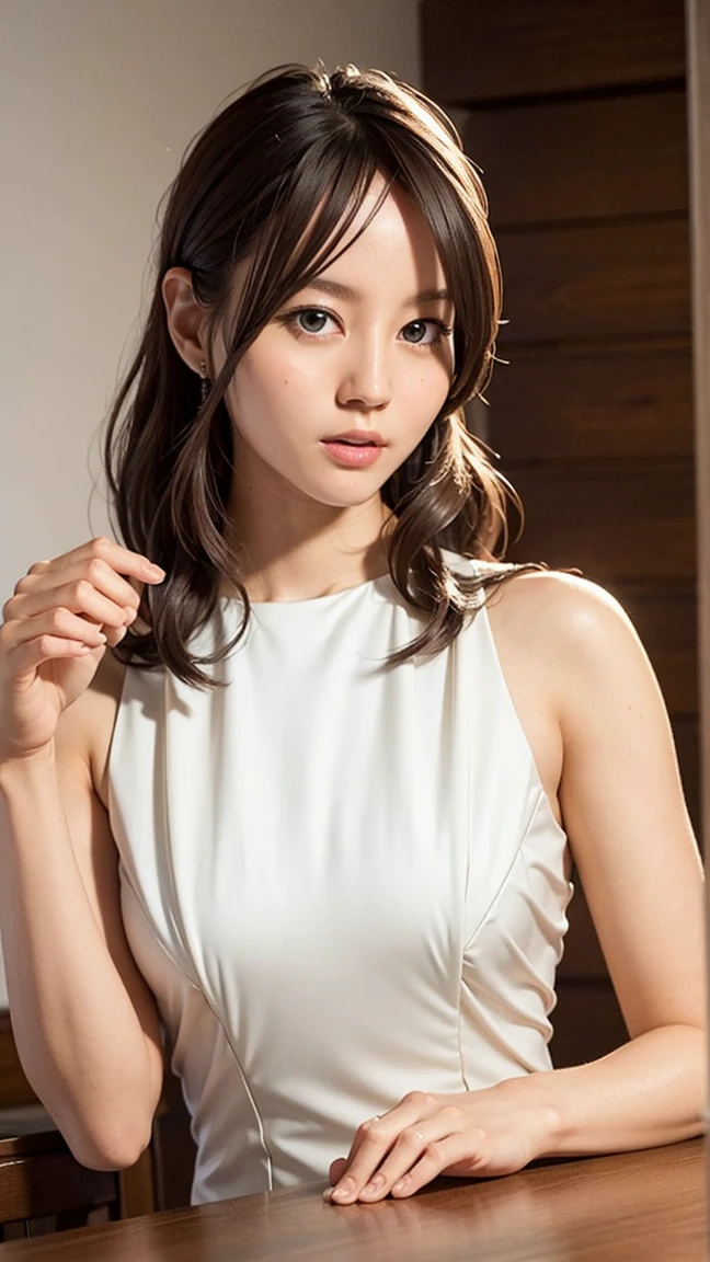 (masterpiece, Highest quality, Very detailed, Best Shadow:1.2), High resolution, ((Cinematic Light)), Hyper Detail, Dramatic Light, Intricate details, Dynamic Angle, (Very detailed CG ユニティ 8k 壁紙:1.2), Shyness, ((masterpiece)), (Very detailed), (Very detailedUnity 8k壁紙), (Realistic Skin), (Realistic photos, Realistic, Photorealistic), Beautiful Japanese Women, Narrow Face, (White knit dress:1.4), Beautiful Hair,Brown Hair, Medium Hair,Beautiful Face, Delicate and beautiful eyes, smile,Beautiful feet, See through,Low angle shot