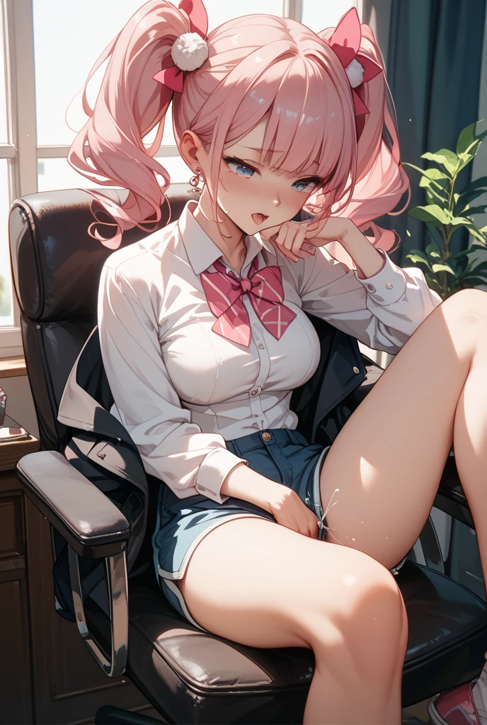 1girl, BREAK, pink twintails, horns, pink halo, pink eyes, perfect face, BREAK, classroom, BREAK, (big round breasts), succubus body, BREAK, (black pink school uniform crop top), (thong), (skirt), squishy thighhighs, BREAK, sitting on desk, BREAK, blushing, angry, cute, BREAK, 8k, masterpiece, best quality