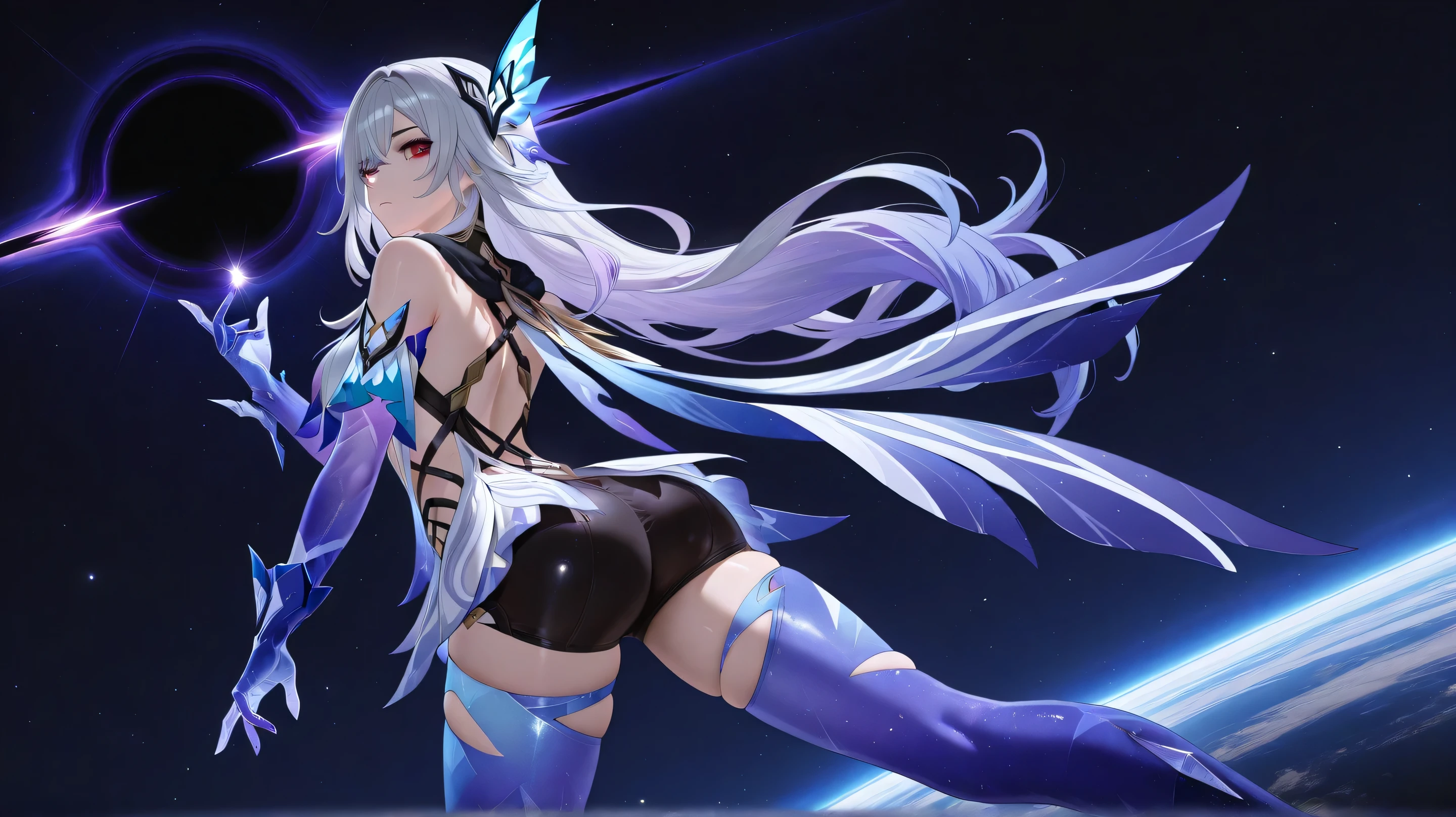 skirk genshin impact, half closed mouth, looking confident, view from back, looking from back, showing back, dynamic pose, legs apart, dynamic angle, masterpiece, space background, holding a small black hole on hand