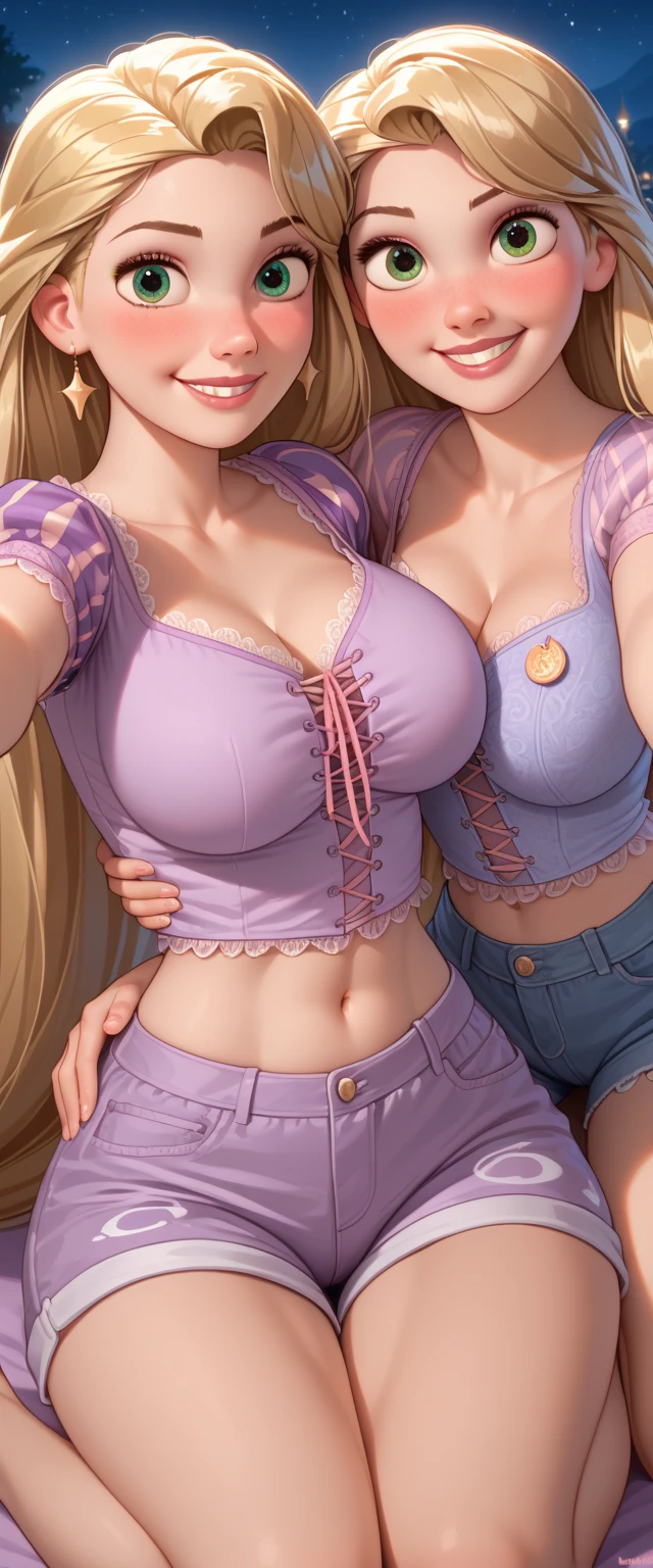 best quality, (masterpiece),(ultra-detailed), (high quality), (high resolution), (2heads:1.5) blonde hair, brown hair (larger breasts), cleavage, best quality:1.5, highres, UHD, 4K), smiling, ((purple blazer over a white crop top)), blue jeans, wearing heeled boots, (detailed glowing blue eyes), (mature woman), casual dress, sexy proportions, (exposed midriff), thighs, Beautiful girl with accentuated slender abs, eyeshadow