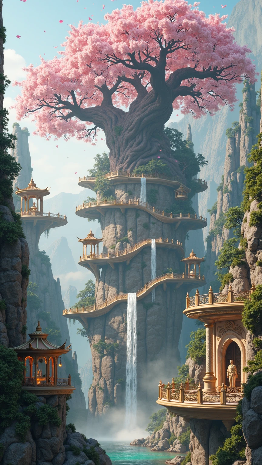 an expansive vertical floating city nestled among levitating limestone spires draped with hanging gardens and winding cobblestone terraces spiraling up around an enormous ancient cherry-blossom tree with a massive twisting trunk and pale pink canopy fluttering petals drifting in the breeze alongside ornate brass armillary structures and ethereal gazebos perched on suspended platforms adorned with mosaic tile patterns and gold inlays lining walkways, digital art medium rendered as hyper-realistic cinematic fantasy concept art utilizing physically based ray tracing global illumination volumetric rendering and subsurface scattering, composition framed in an ultra-wide 16:9 panoramic view from a low-angle perspective that emphasizes soaring vertical scale and layered depth with floating gondolas, zipline rope bridges and carved ivory statues connecting terraced platforms and cascading waterfall cascades gently pouring into reflective pools at various levels leading the eye upward toward the central blossom crown, lighting features soft diffused morning sunlight filtered through mist-charged air interplaying with warm golden rim lighting along weathered stone railings, bioluminescent lanterns strung between branches, and subtle ethereal glow from luminescent moss creeping across marble columns, color palette harmonizes serene sky blues soft mint greens warm sandstone browns pale cherry blossom pink glowing amber highlights and muted lavender undertones contrasted by pearlescent ivory accents, mood of serene wonder mystical tranquility and boundless imaginative awe evoking a sense of ancient magical civilization rediscovered, ultra-high-definition 8K clarity with intricate micro-textural detail from microfractured stone carvings to individual petals fluttering in the wind, realistic fluid simulation of drifting fog and water reflection effects, slight lens flare bloom and chromatic aberration at highlight edges, simulated as a RAW full-frame sensor capture with precise ph