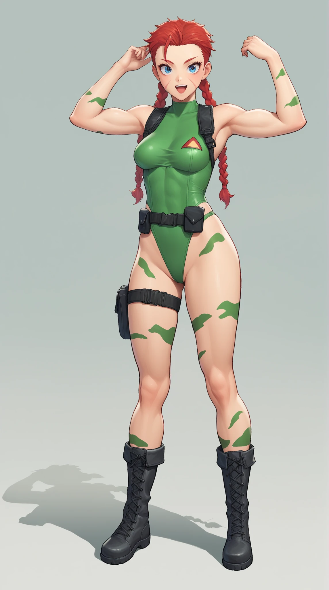 (Shadman art:1.2),((masterpiece)),(((best quality))),((character design sheet)), concept, poses, masterpiece, best quality, highres, 1girl, cammy white, twin braids, long hair, blonde hair, antenna hair, beret, military gear, (red headwear:1.3), blue eyes, scar on cheek, green leotard, large breasts, sleeveless, red gloves, fingerless gloves, camouflage, cowboy shot, standing, outdoors, arms at sides, straight-on, blank background ,chara-sheet
