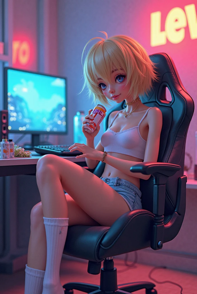 Create a high-quality, detailed image of a beautiful anime girl with long, flowing hair and intricate details. She is sitting in a gaming chair in her cozy gaming room, smiling. She is nude and wearing sexy panties, highlighting her stunning curves. The warm, inviting scene includes soft ambient lighting, comfortable seating, and plush bedding, with the room illuminated by a small, glowing lamp. The gaming room features posters, a high-end PC setup with RGB lighting, and various gaming accessories. The overall atmosphere is serene and intimate, with vibrant colors and natural lighting creating a photorealistic effect.