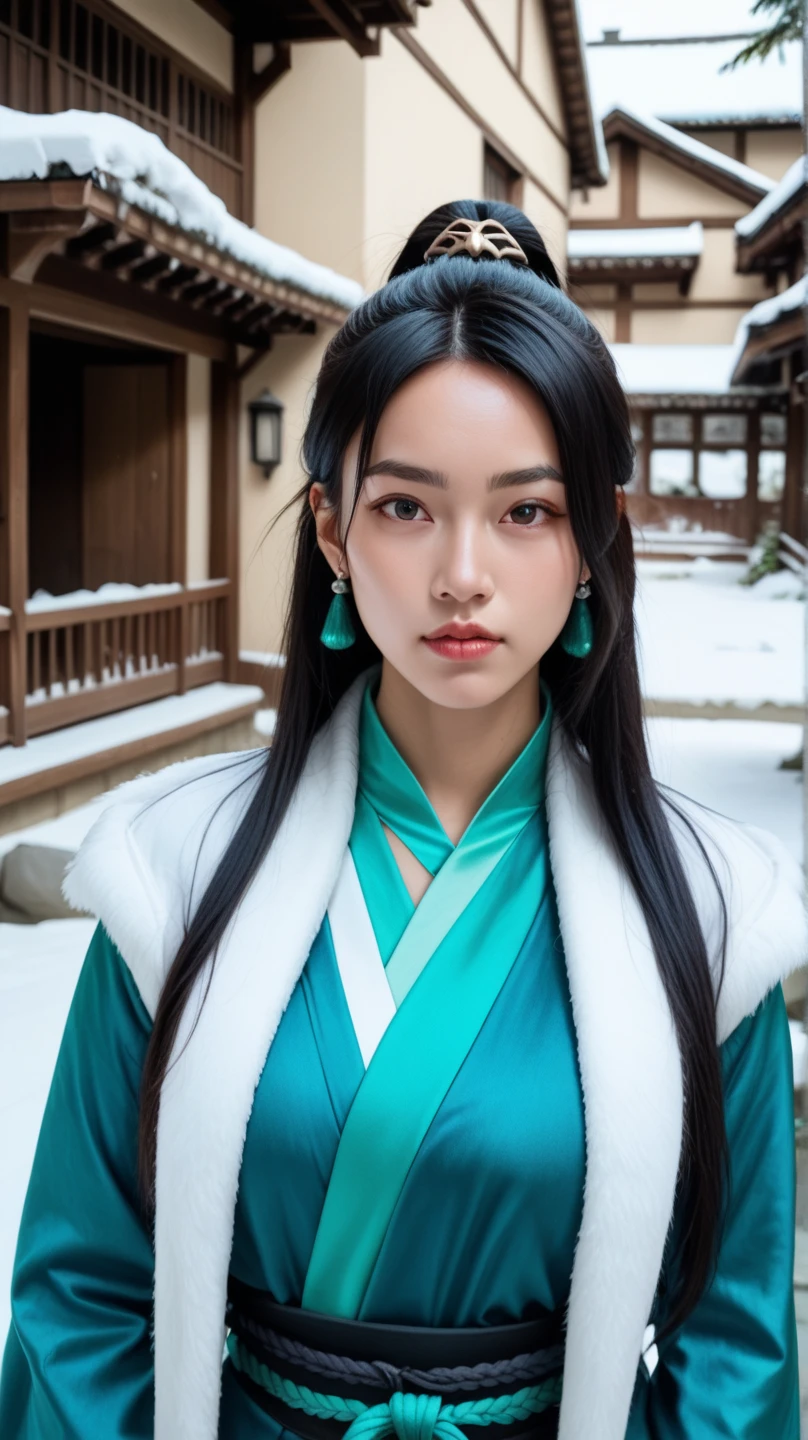 1 girl, Actress, Handsome, Ink splash, Chinese armor, (Upper Body), Black Hair, Flowing hair, Exquisite eyes, Black and green ancient silk Hanfu, Field of view, (F1.8), (masterpiece), (Portraits), front Photo, White background, (Movie Posters), arms