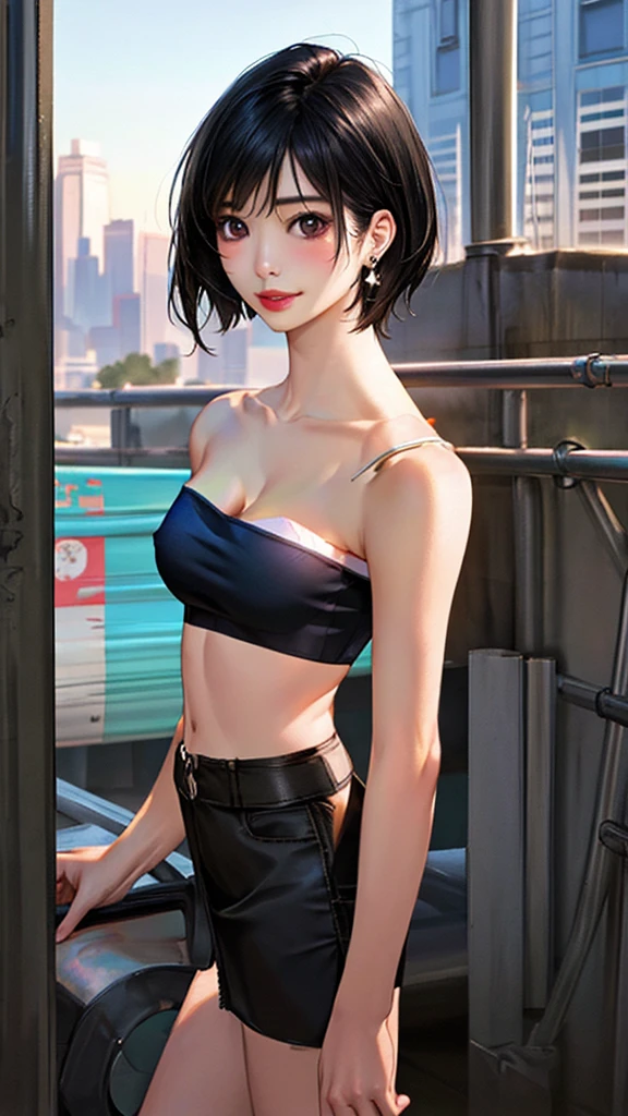 realistic photo, best possible quality, night, street with alley and graffiti on the walls, young woman, 20 years old, brunette with brown eyes, large hoop earrings, very short silver hair, perfect body, well-defined hips, nude naked small breasts, she only wears open denim shorts that show the black panties, sensual and mischievous look, makeup