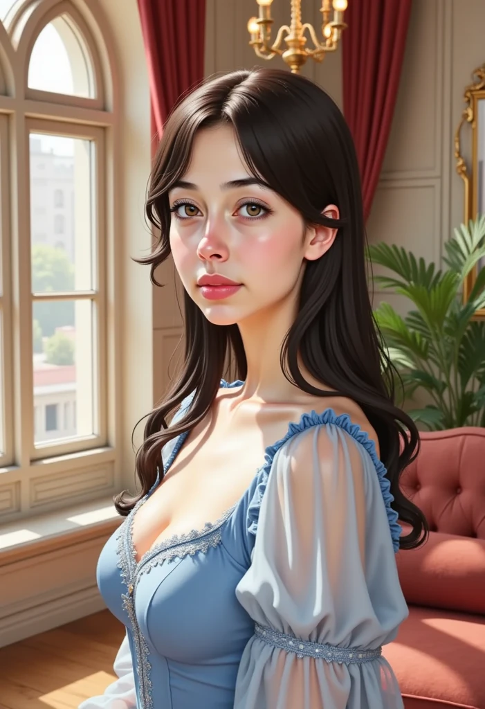 masterpiece, best quality, extremely detailed, hyperrealistic, oil painting, rococo art, in watteau style, a beautiful 20s russian model