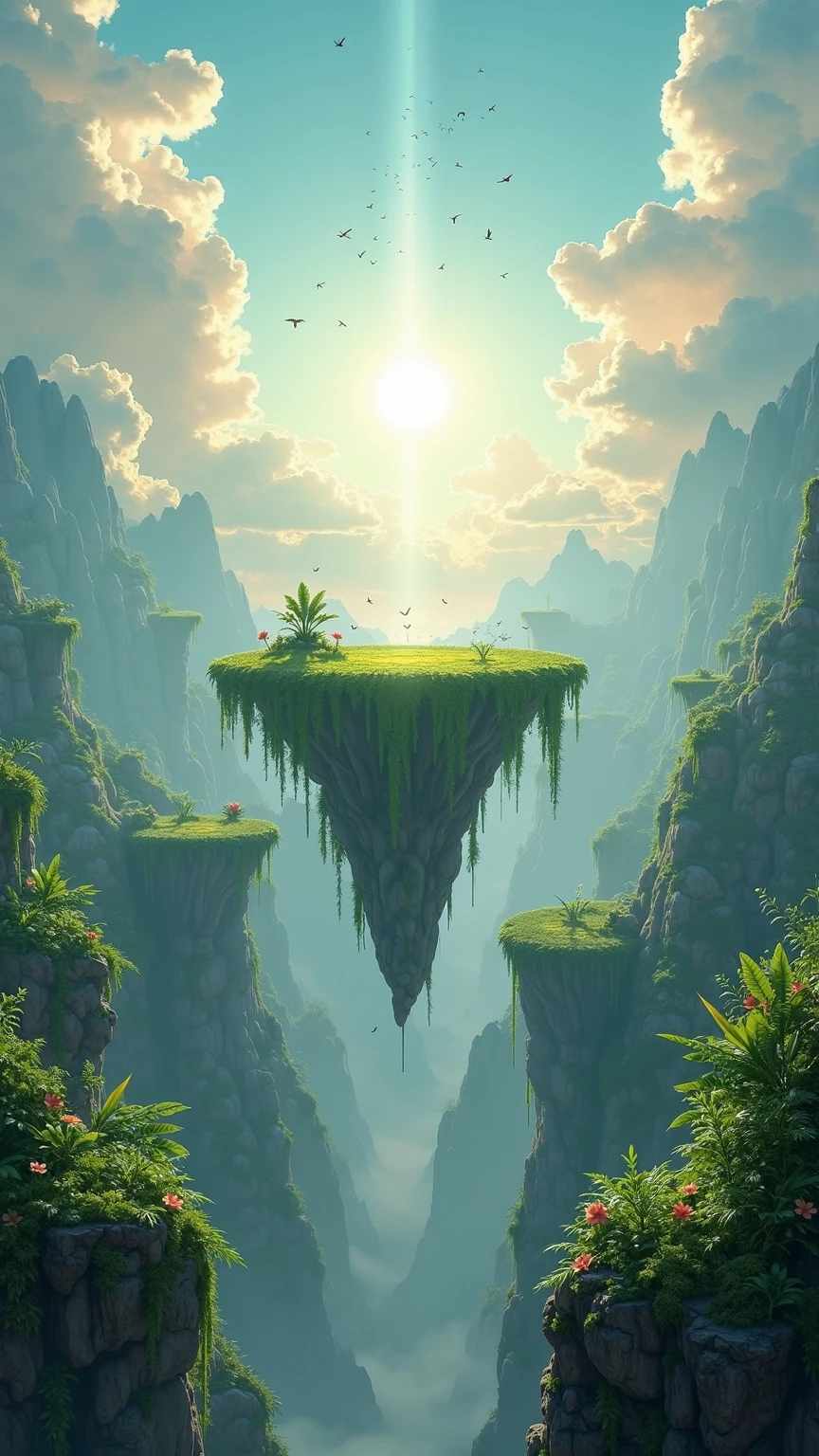 a serene ethereal landscape scene showcasing lush emerald-green floating islands draped with vibrant moss and tropical flora hovering above endless mist-filled valleys under a luminous midday sky spanning horizon to horizon dotted with billowing cumulus clouds and pierced by rays of pure sunlight breaking through the cloud canopy illuminating the verdant terrain below with dappled highlights forming soft glowing halos around island edges while gentle wisps of mist curl around rocky ledges and delicate ferns swaying in an imperceptible breeze alongside flocks of silhouetted birds gliding between islands and subtle rainbows arching across distant cloudbanks digital art medium rendered as hyper-realistic cinematic fantasy nature scene composition framed in an ultra-wide 16:9 panoramic full-frame view at eye-level perspective centering a majestic floating plateau receding into the distance through layered archipelagic formations leading the eye toward a radiant zenith of intense light central in the sky lighting featuring high-key diffused sunlight combined with subtle volumetric fog shafts and directional sidelights accentuating texture contours ambient fill emanating from reflective water pools nestled on island tops color palette of vibrant emerald greens jade teals soft cerulean blues bright sky whites and warm buttery gold accents mood of serene tranquil wonder uplifting optimism and boundless natural beauty ultra-high-definition 8K UHD clarity with intricate textural detail from moss filaments to micro droplets sparkling on wet leaves realistic atmospheric haze simulation gentle lens flare bloom and slight chromatic aberration at brightest highlights simulated as a RAW full-frame sensor output with precise photometric calibration