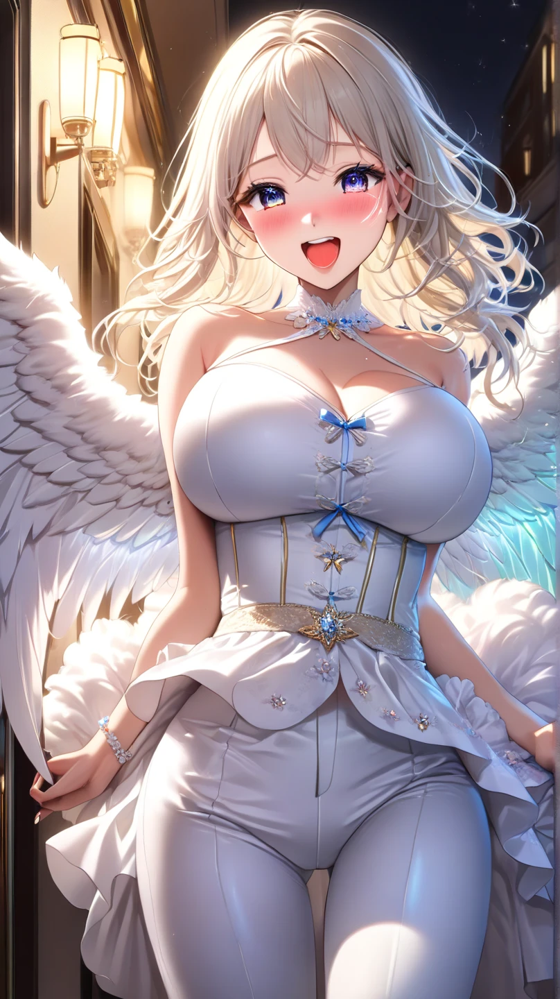 highest quality,masterpiece,8k,1girl,((((((10 years old)))))),((big breasts:1.3)),smile,blush, sweat,blonde hair,long hair,((fantasy,angel,wing:1.3)),halo,white dress,mini skirt,lift skirt,upskirt,white panties,white thighhighs,lift skirt,upskirt,white panties,church