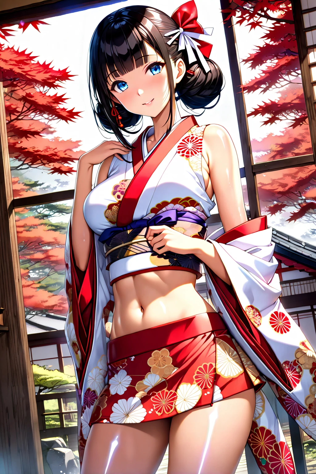 ((in the mountains of japan:1))、((on a tree))、sexy female crow tengu、Japanese traditional UMA tengu, sexy japanese monk costume, Sexy brown skin, Nice sexy body、tanned healthy sexy skin、One lady、(Red hair ornament)、((Black Japanese style sexy costume:1))、with the crow、(15yo girl)