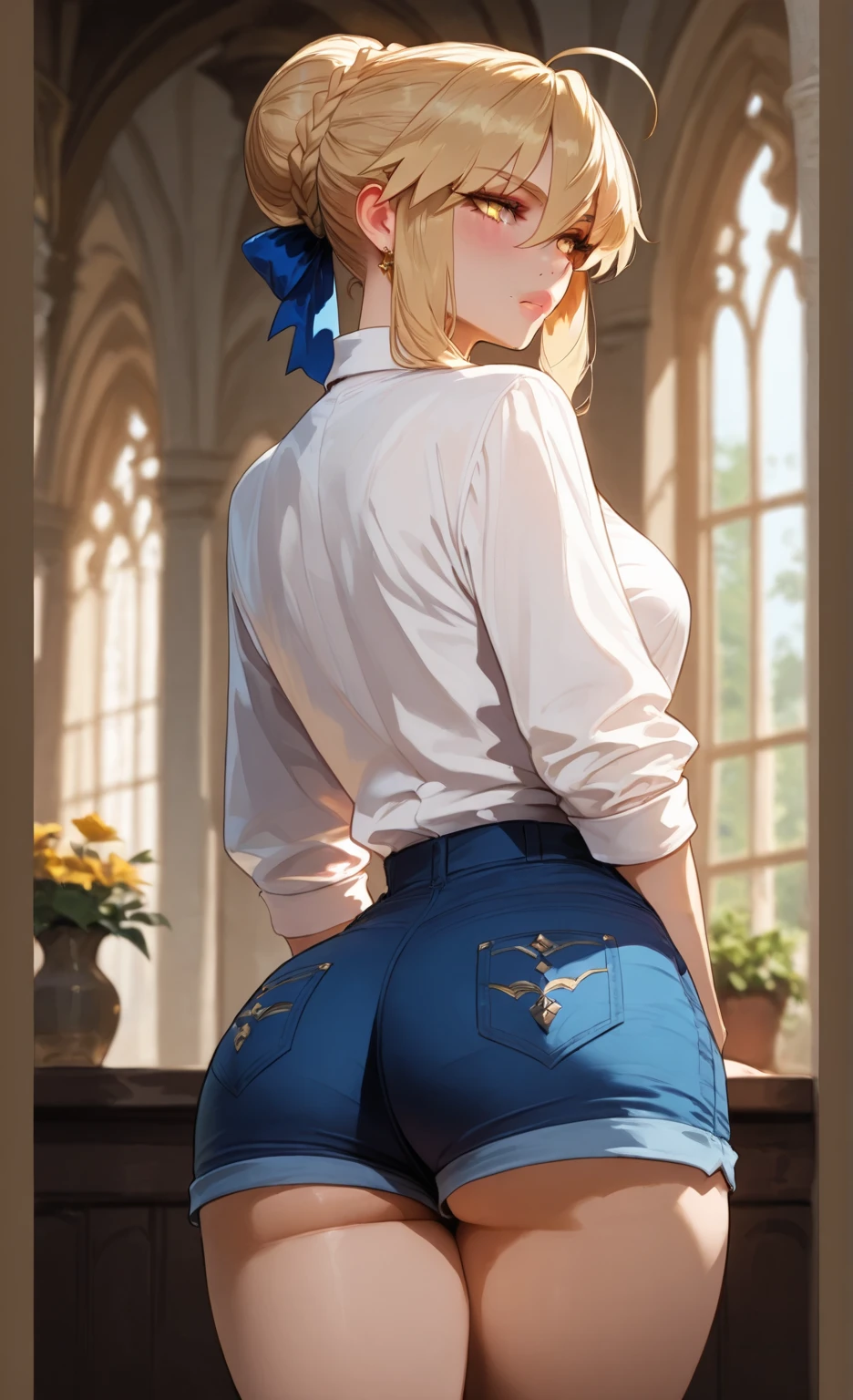 blonde, princess zelda, ((big ass)), pawg, large t-shirt, standing up facing away from viewer, black thong, (((medieval castle bedroom))), dark room, candlight