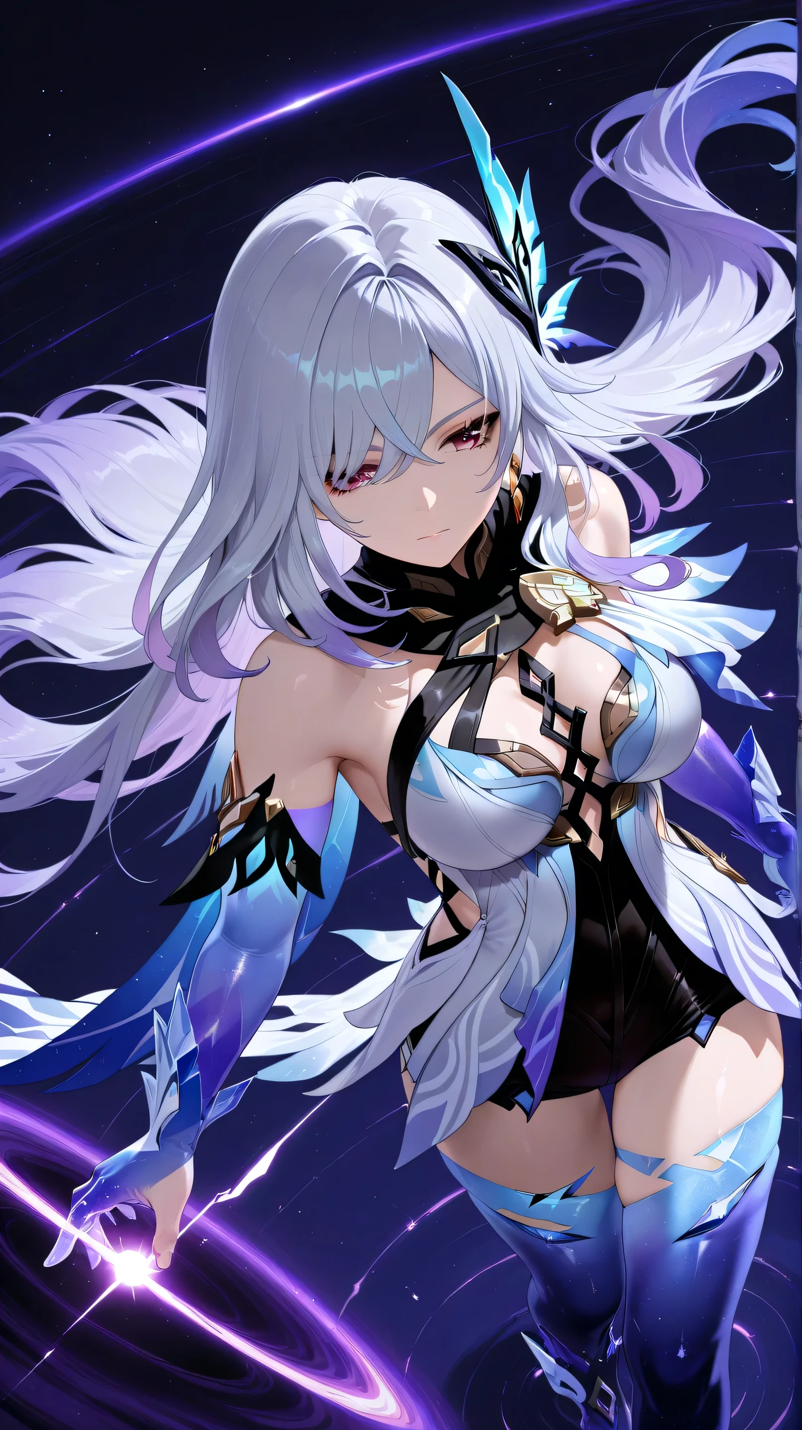 skirk genshin impact, half closed mouth, looking confident, view from above, view from directly above, dynamic pose, dynamic angle, masterpiece, holding a small black hole on hand