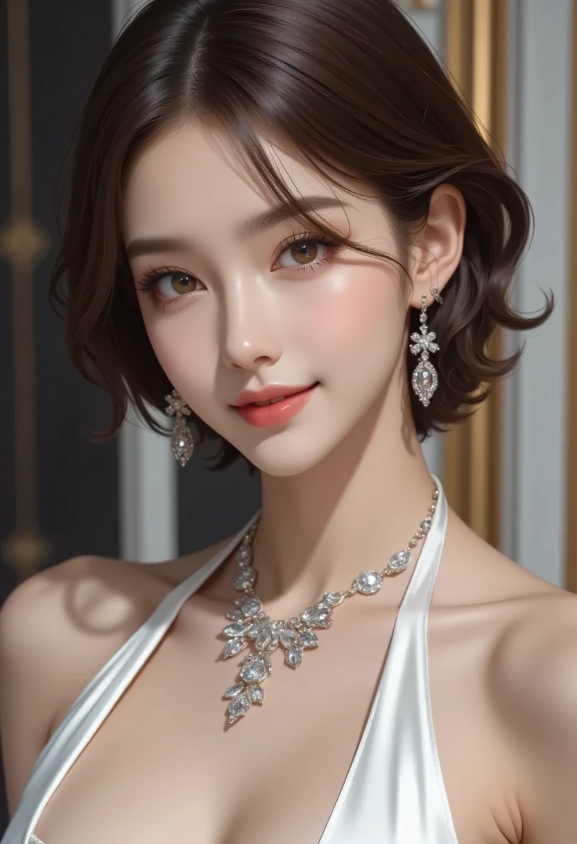 (8k, RAW Photos, Highest quality, masterpiece: 1.2), Super detailed, Super Resolution, (Genuine, Genuine photos: 1.3), Portraiture, High-resolution RAW color photos, Professional photos, とても細かくて美Shii, Very detailed, Amazing details, Large file size, Official Art, beautiful girls,Very detailed目, Very detailed肌, Very elaborate fingers, Very detailed鼻, Very sophisticated mouth, Perfect Anatomy, Detailed Background, Detailed clothing, One Girl, (20:1.2), 20th Generation, Cute girl, Realistic body,White skin, Glowing Skin, The body is slim, like々Shii, かわいらShii顔, Realistic Face, (short hair), Earrings, Dynamic Lighting,Very small and plump breasts、Sitting