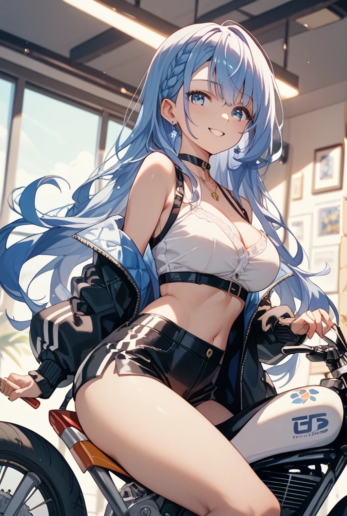 areolae,blurry, depth of field, blurry foreground, blurry background, jewelry, necklace, motion blur, blue sky, sky, 1girl, cloud, bracelet, ground vehicle, motor vehicle, , motorcycle, Underwear,  sitting, earrings, day, solo focus, looking at viewer, outdoors, cloudy sky,huge breasts,aqua \(konosuba\), blue eyes, very long hair, hair rings, hair bobbles, single hair ring, blue hair, hair ornament, long hair, black thighhighs, thighhighs,black underwear ,Black bra 