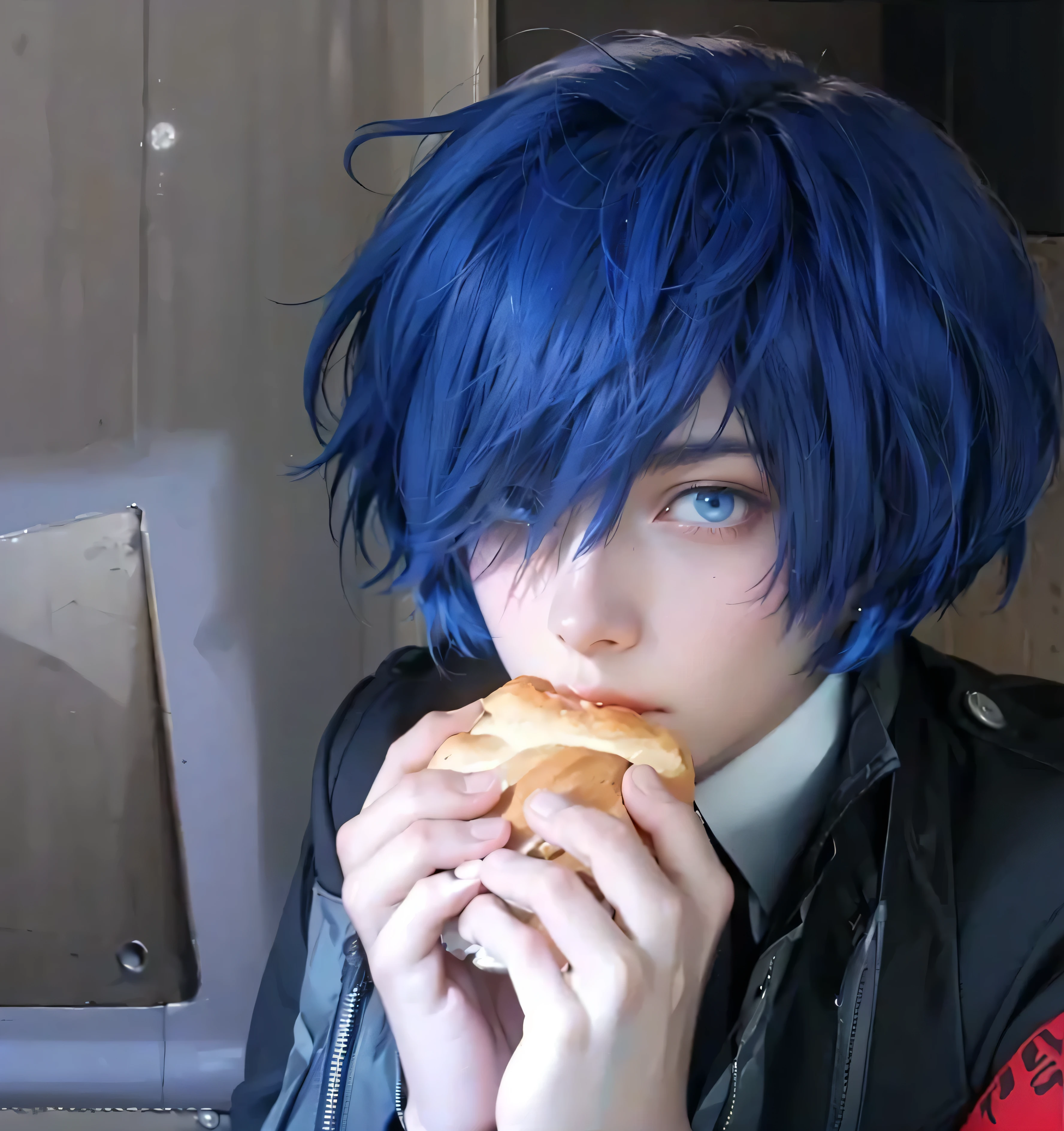 ((YUKI MAKOTO_PERSONA 5),((realistic, photorealistic)),(highlight hair)), Light reflection, (( HD )),((upper body)), (((best quality, masterpiece))), (masterpiece) (best quality) (detail) (8k) (HDR) (wallpaper) (cinematic lighting) (sharp focuasterpiece, best quality: 1.1), Real life adaption of this character, Asian beauty face, Shining Purple eyes, realistic outfit, realistic shadow, realistic light, realism, hyper realistic, realistic background,(photorealistic:1.2), (masterpiece, top quality, best quality, beautiful and aesthetic:1.2),(8k, best quality, masterpiece:1.2), (((masterpiece))),(((best quality))),(((extremely detailed))),who, (masterpiece, top quality, best quality, beautiful and aesthetic:1.2),(8k, best quality, masterpiece:1.2), ((masterpiece,best quality)), masterpiece,best quality,amazing quality, very aesthetic, (masterpiece),masterpiece, best quality, absurdres, perfect anatomy, masterpiece, yuki makoto, hair over one eye, school uniform, jacket, ribbon, armband, digital media player, blue hair, blue eyes
masterpiece, best quality, absurdres, night, blank expression,Eating Bread, room background, white door,Monitor light,
