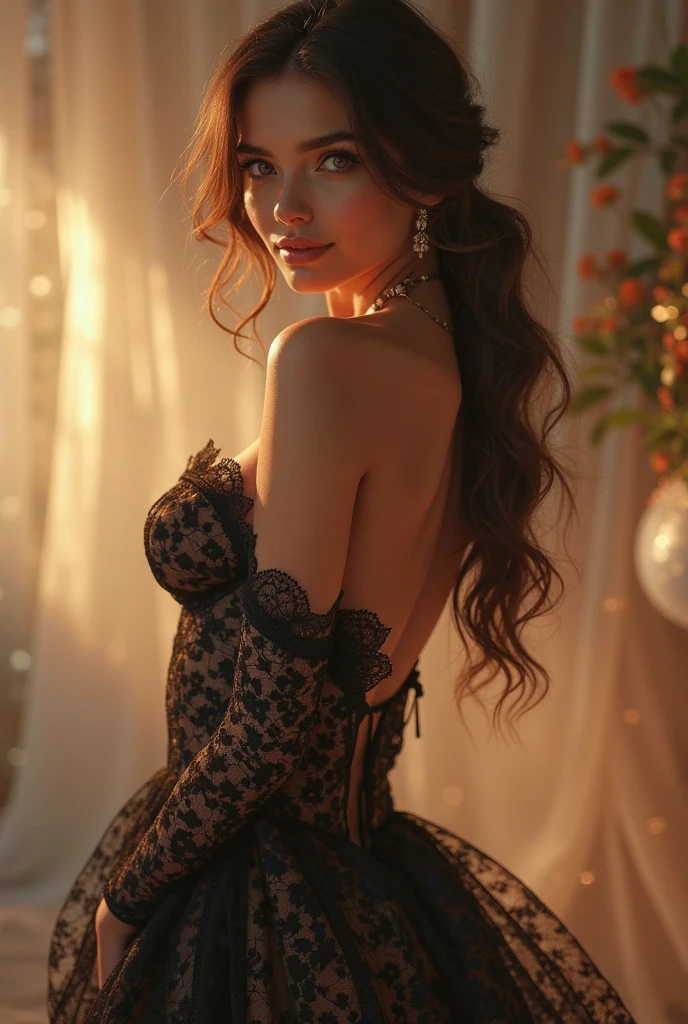 A glamorous model with big breasts, representing Sleeping Beauty, resting in a deep sleep but with a modern and futuristic appearance. She is wearing a futuristically designed tight bodysuit in a soft pink and black tone., Adorned with delicate lace details that run along your figure, creating a contrast between the contemporary and the classic. Her hair is pulled back into an elegant ponytail., with loose locks falling softly around her face, giving it a youthful and dynamic touch. His expression is serene and enigmatic, with eyes closed as if dreaming. The visual style of the image follows the characteristic aesthetics of J.. Scott Campbell, with soft lines and special attention to the femininity and sensuality of the figure. The background suggests a futuristic fairy tale setting, with ethereal tones and subtle sparkles, as if floating in a dream world, Surrounded by advanced technology mixed with natural and magical elements