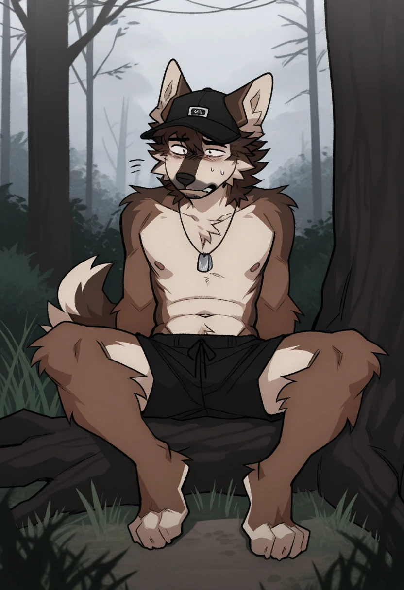 uploaded on e621, (((by fluff-kevlar, by Zackary911, by Kenket, by Kilinah, by fluff-kevlar))), solo male (((wolf)),  (detailed wolf)) with long hair, closeup crotch shot, sexy spread legs, toned, sharp wolf ears, wolf tail, black messy hair, golden eyes, thigh highs, black micro thong, small bulge, shirtless, front view, looking at the observer with an embarrassed smile, blush, holding legs raised, perspective, finely detailed paws, punk style,